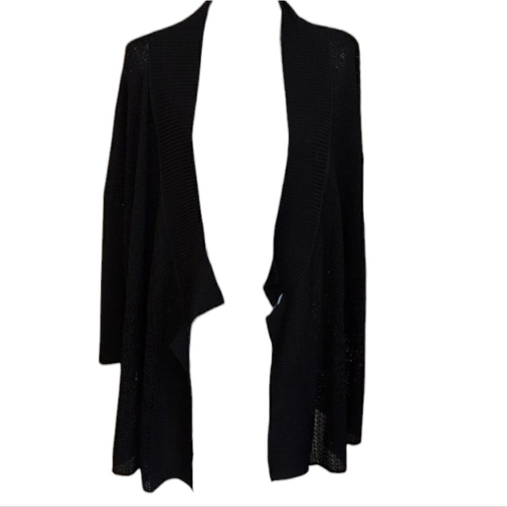 Eileen Fisher knit open front cardigan black silk viscose blend size L